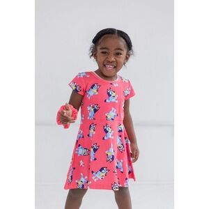 Bluey | Coral Pink & Blue Polly Puppy and Bluey Short Sleeves Dress | Size 7/8